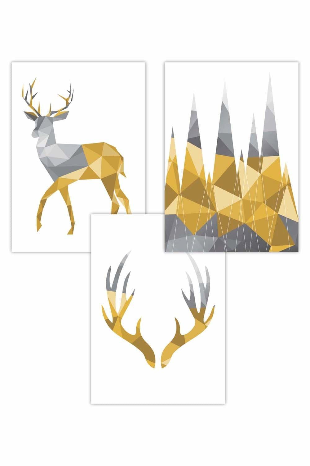 Set of 3 Geometric Yellow Grey Stags Set Art Posters