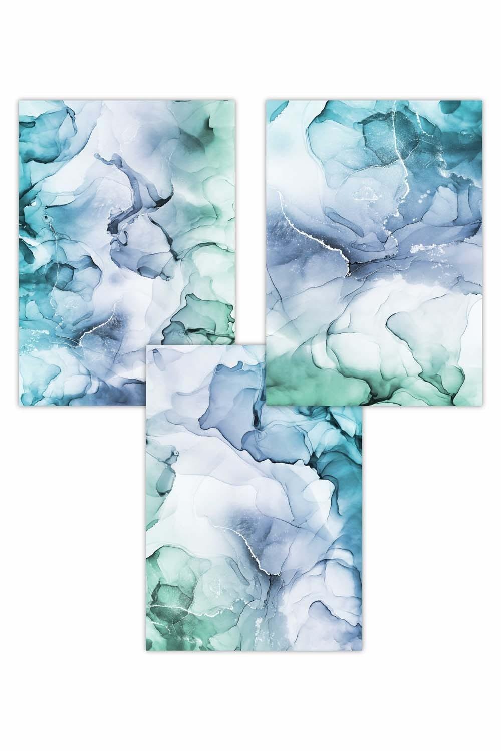 Set of 3 Abstract Floral Fluid in Blue Green and Purple Art Posters