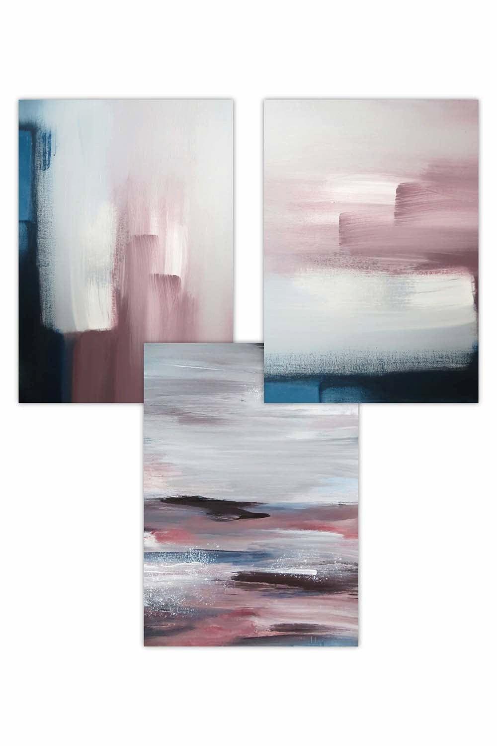 Set of 3 Abstract Navy Blue Grey Blush Pink Oil Art Posters