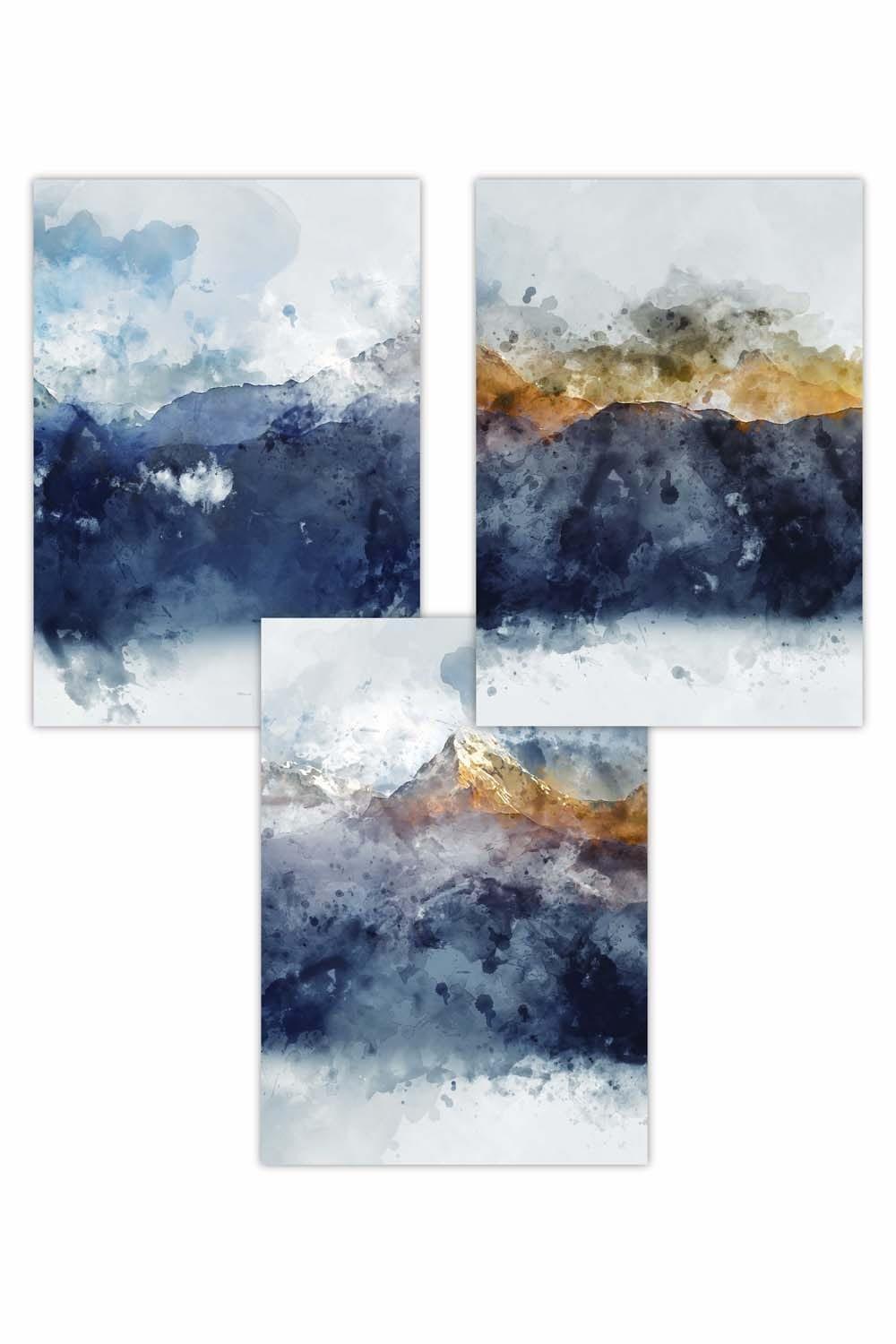 Set of 3 Abstract Navy Blue and Yellow Mountains Art Posters
