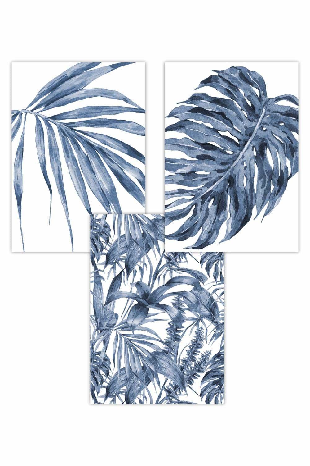 Set of 3 Tropical Plants and Pattern Navy Blue Abstract Art Posters