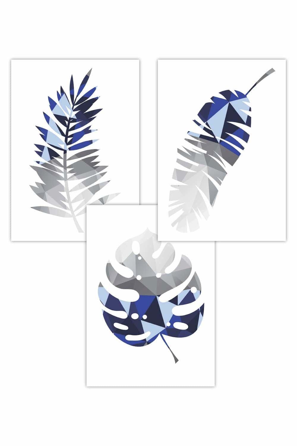 Set of 3 Geometric Tropical Leaves In Navy Blue Grey Art Posters