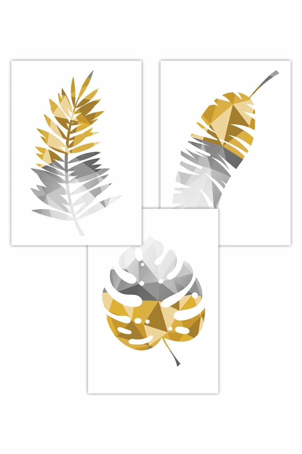 Set of 3 Geometric Tropical Leaves In Yellow Grey Art Posters