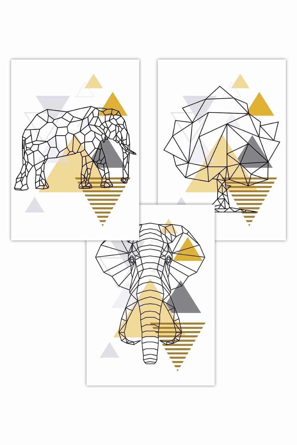 Set of 3 Geometric Line Art Yellow Elephant Tree Set Art Posters