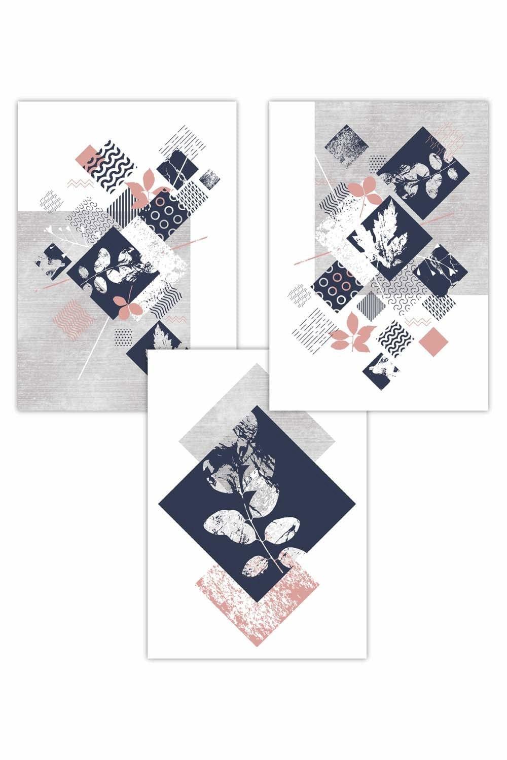 Set of 3 Graphical Abstract Floral Blue Grey Art Posters