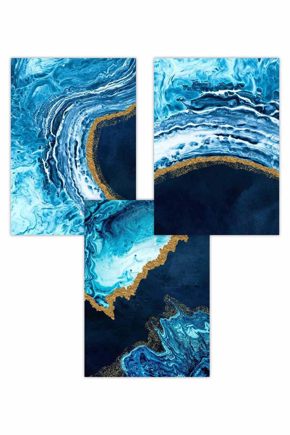 Set of 3 Abstract Navy, Blue and Gold Oceans Art Posters