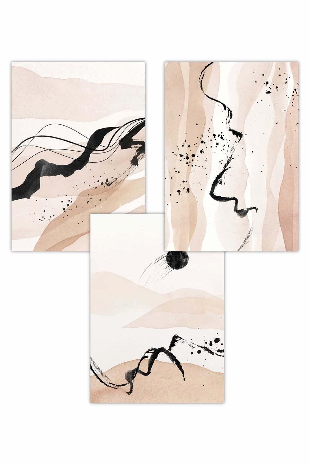 Set of 3 Beige Black Abstract Mountain Contours Art Posters
