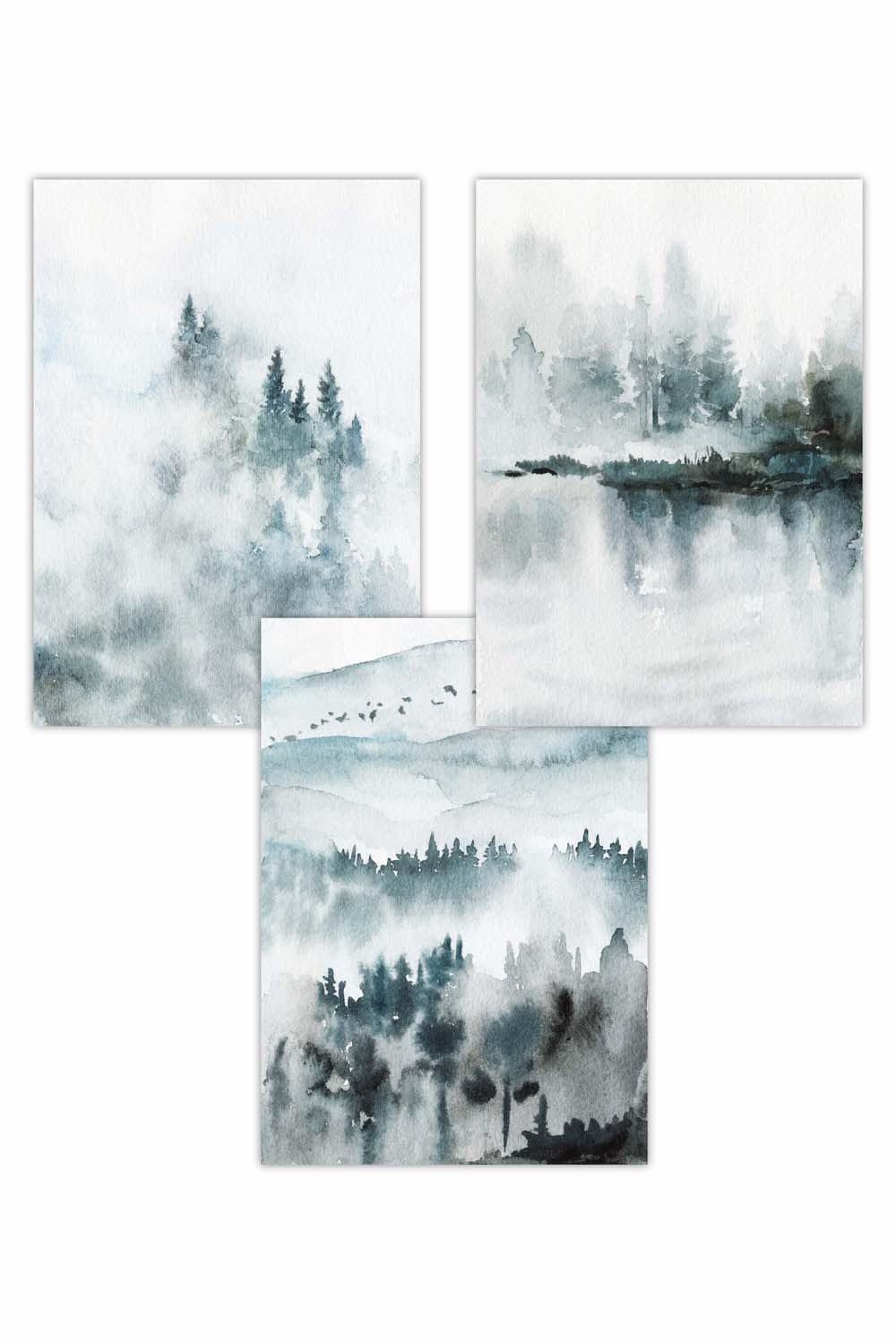 Set of 3 Teal Blue Abstract Forest Lake Art Posters