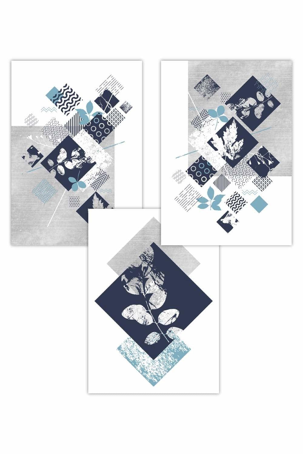 Set of 3 Graphical Abstract Floral Navy Blue Grey Art Posters