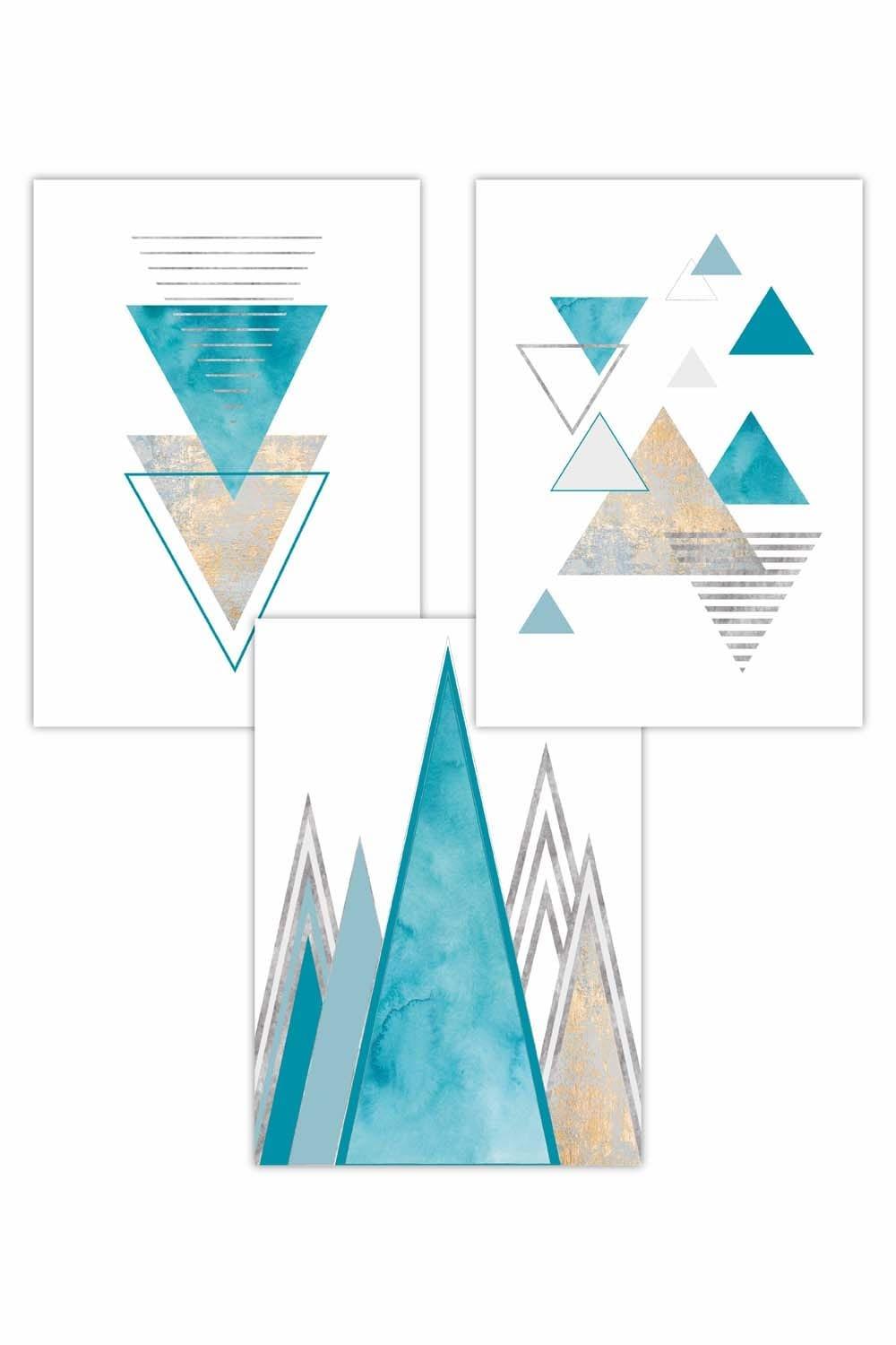 Set of 3 Mid Century Aqua Blue Abstract Geometric Art Posters