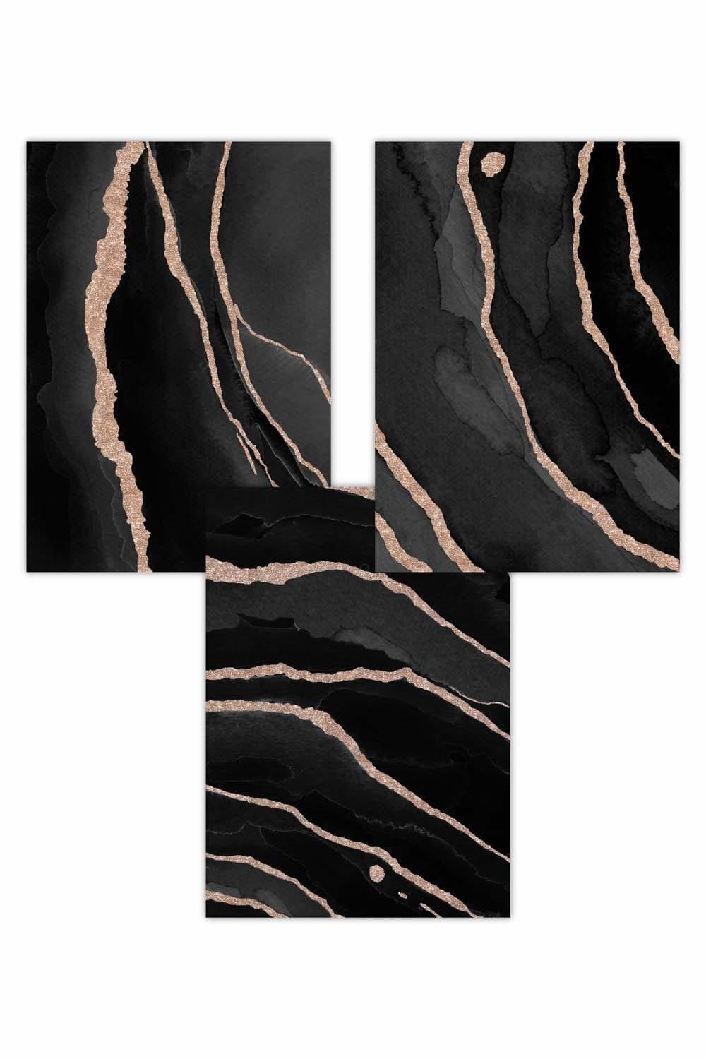 Set of 3 Abstract Black Grey Gold Strokes Art Posters
