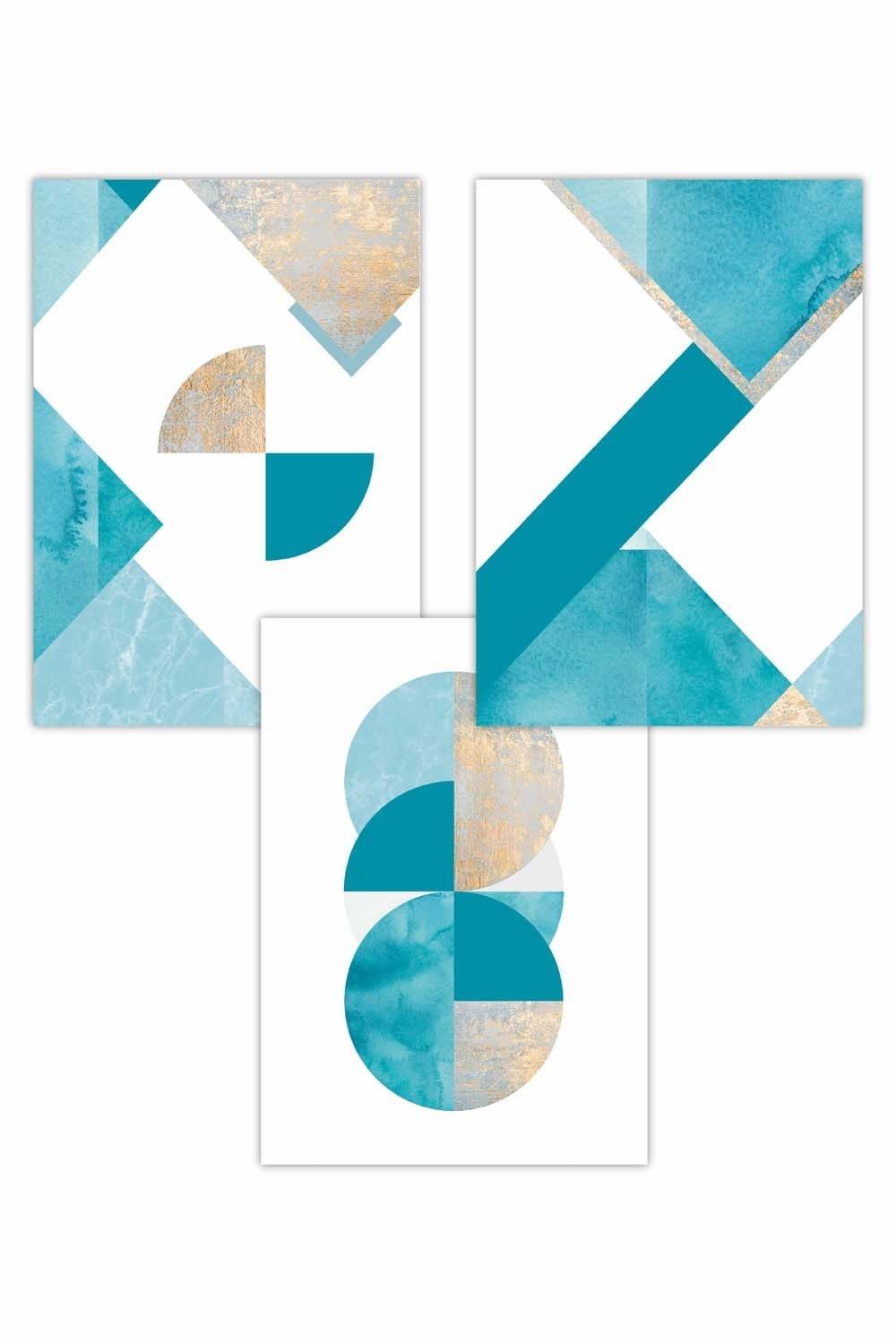 Set of 3 Abstract Aqua Blue Mid Century Geometric Art Posters