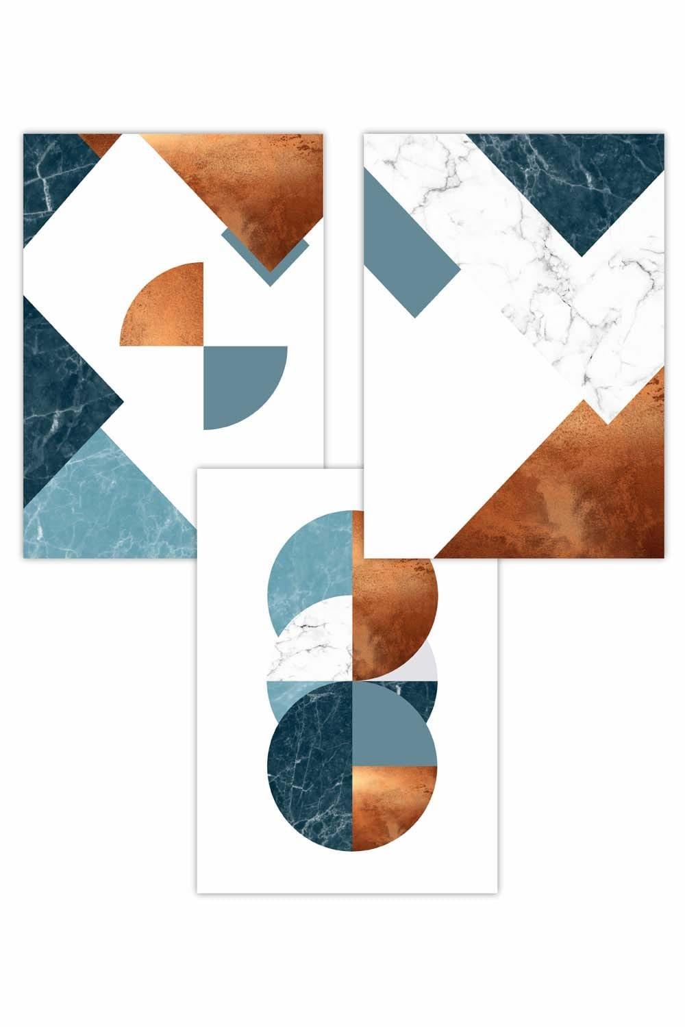 Set of 3 Teal Orange Abstract Mid Century Geometric Art Posters