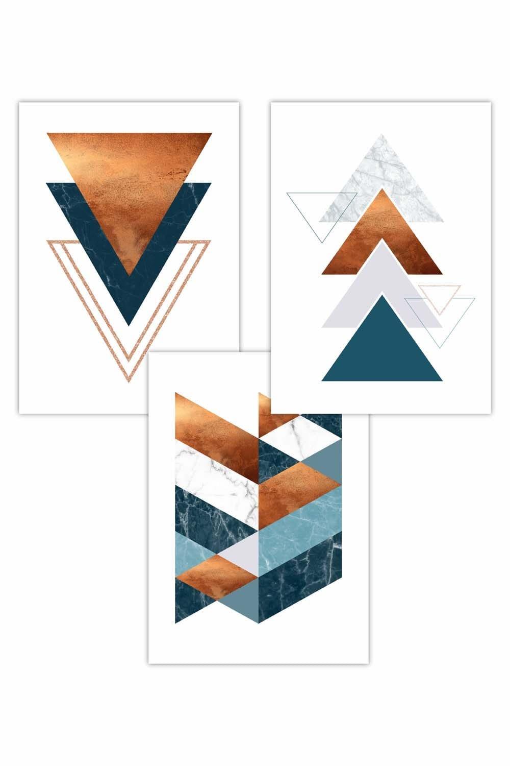 Set of 3 Mid Century Teal Orange Abstract Geometric Art Posters