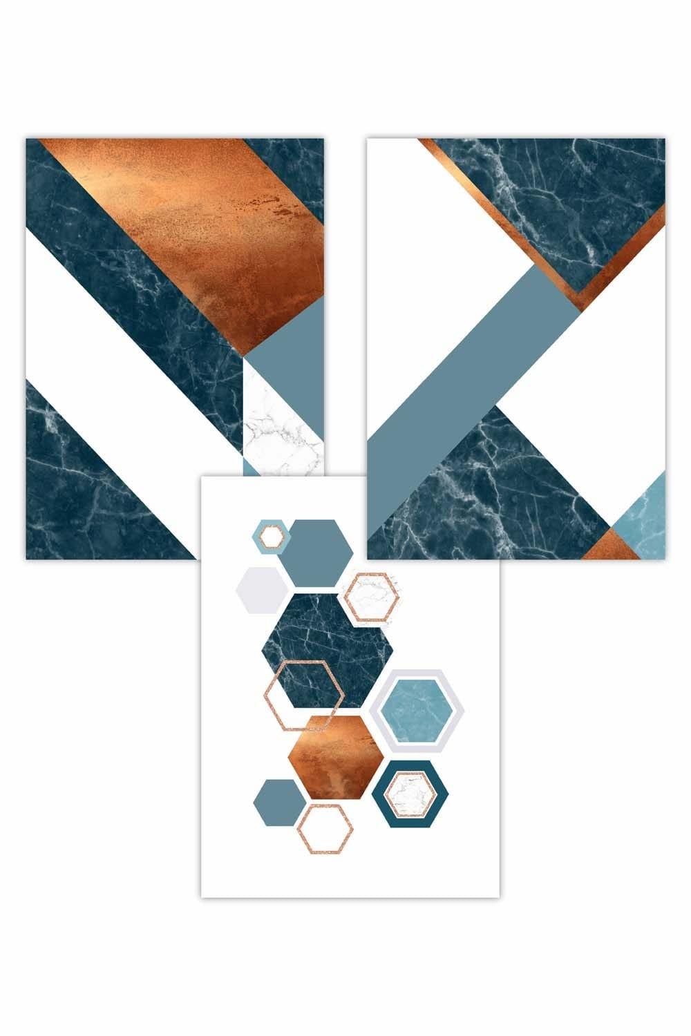 Set of 3 Abstract Mid Century Teal Orange Geometric Art Posters