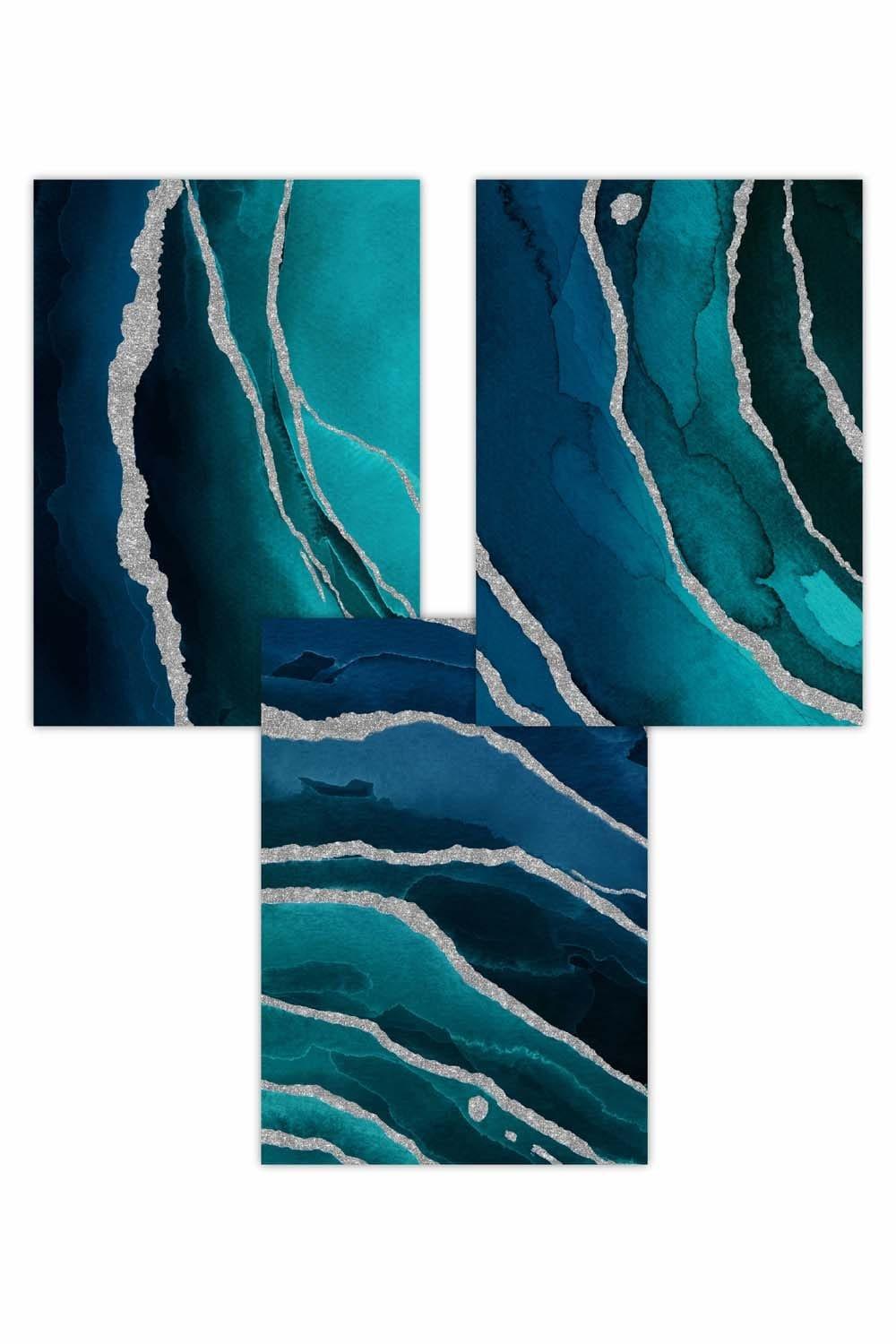 Set of 3 Abstract Teal Blue Silver Strokes Art Posters