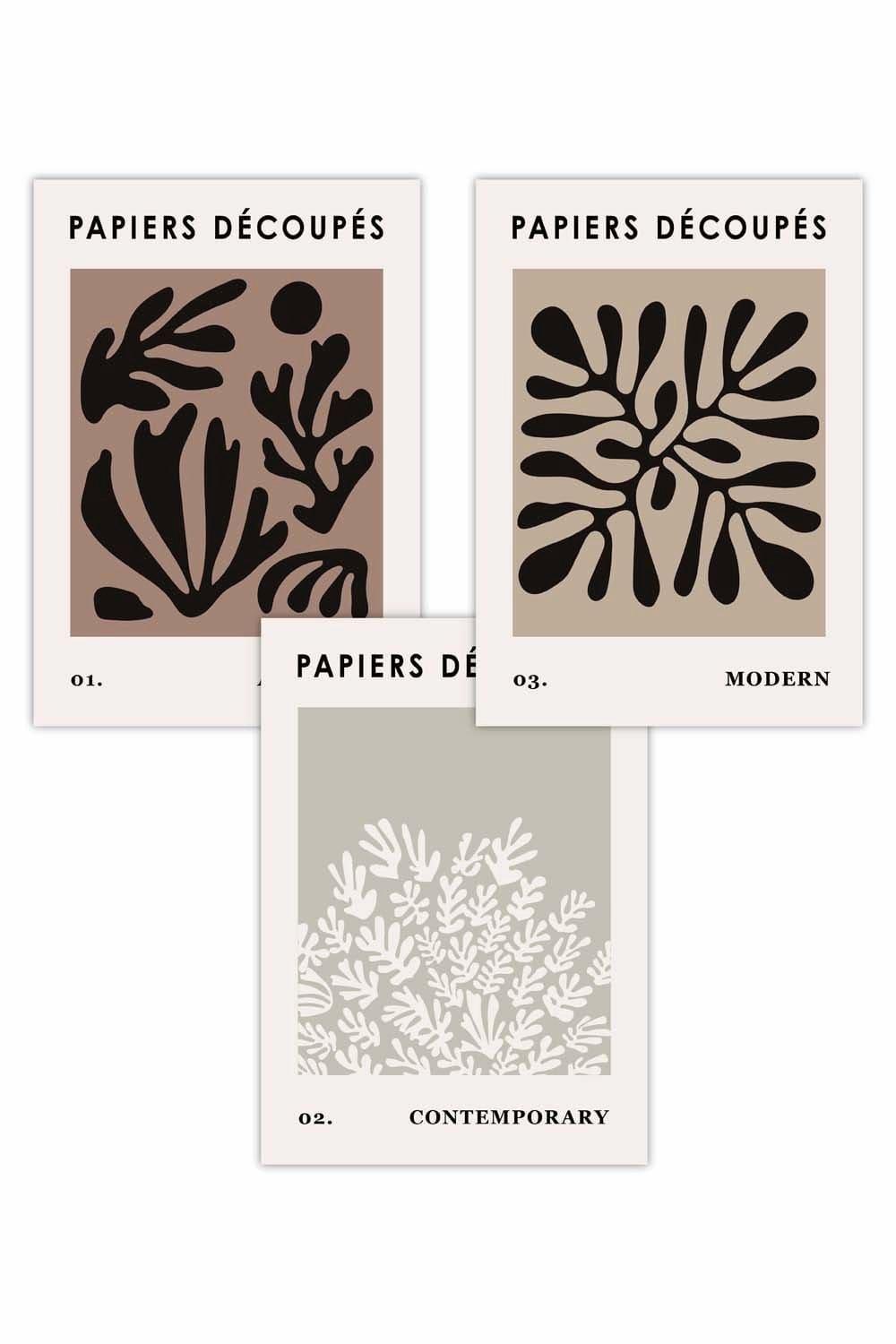 Set of 3 Matisse Style Floral Cut Out Brown & Black Art Posters