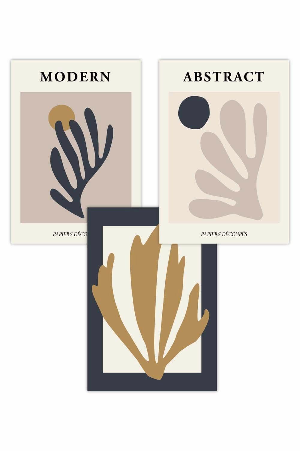 Set of 3 Matisse Style Floral Cut Out Navy & Yellow Art Posters