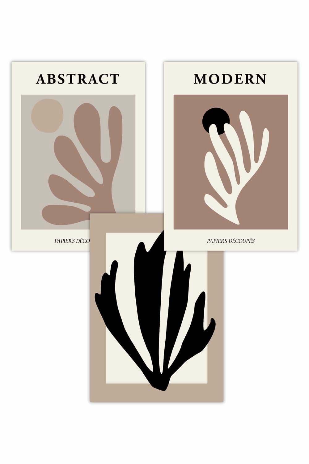 Set of 3 Matisse Style Floral Cut Out Browns & Black Art Posters