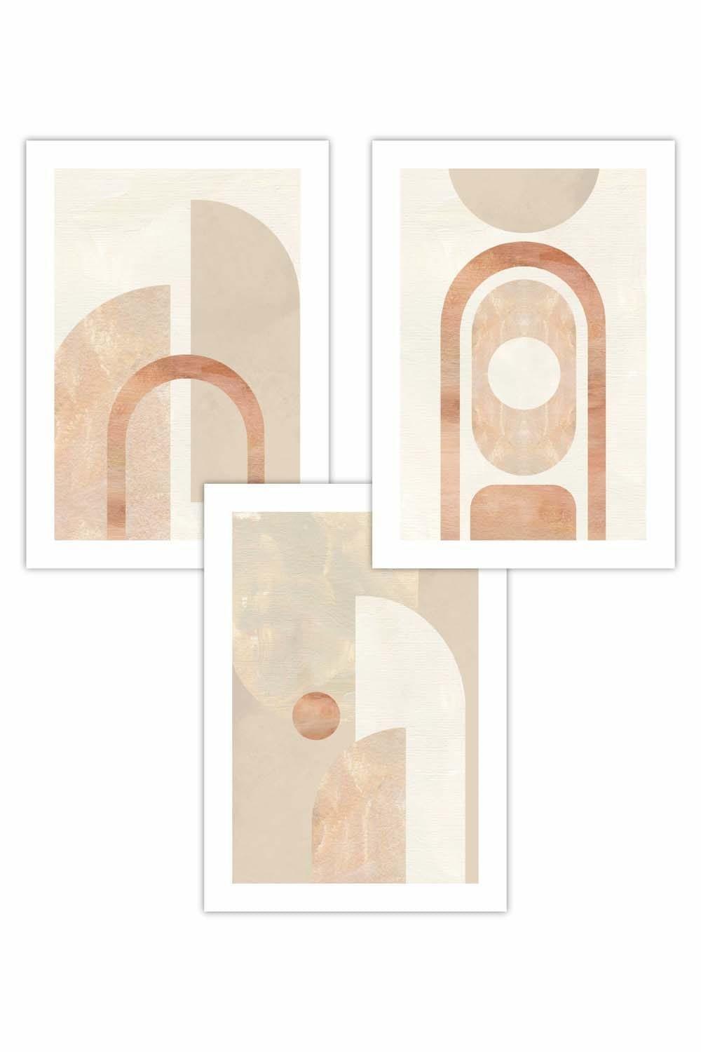Set of 3 Mid Century Beige and Terracotta Arches Art Posters