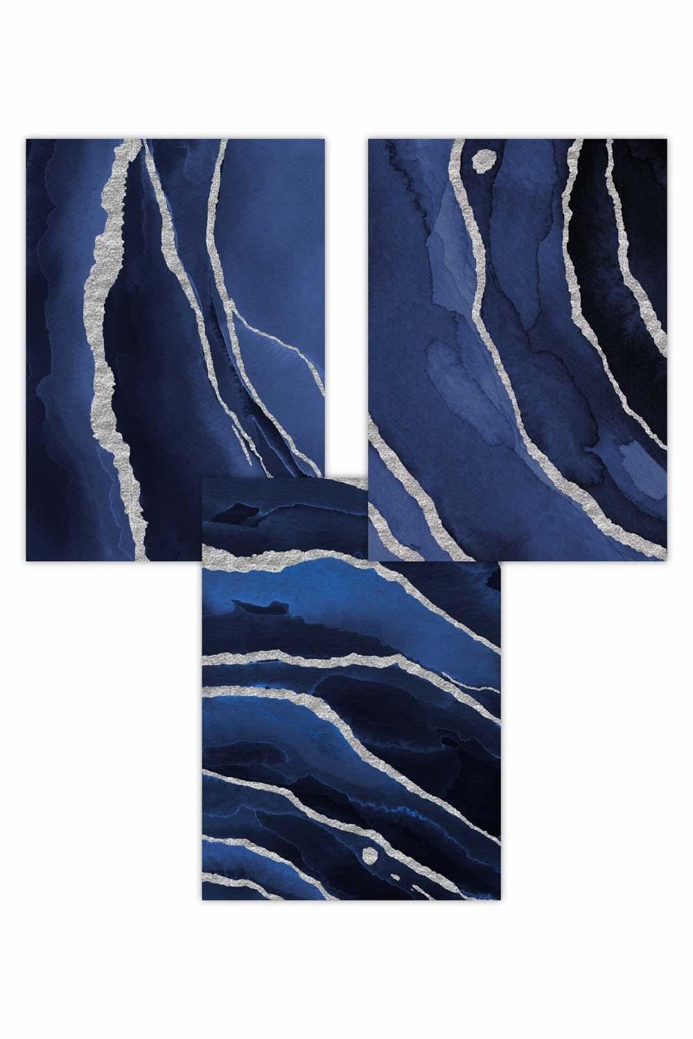 Set of 3 Abstract Navy Blue Silver Strokes Art Posters