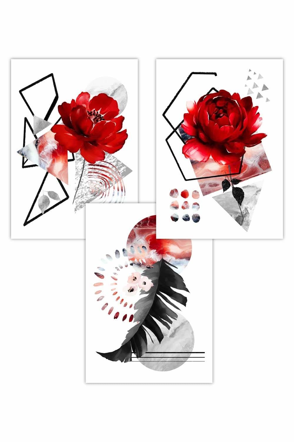 Set of 3 Abstract Red and Black Botanical Art Posters