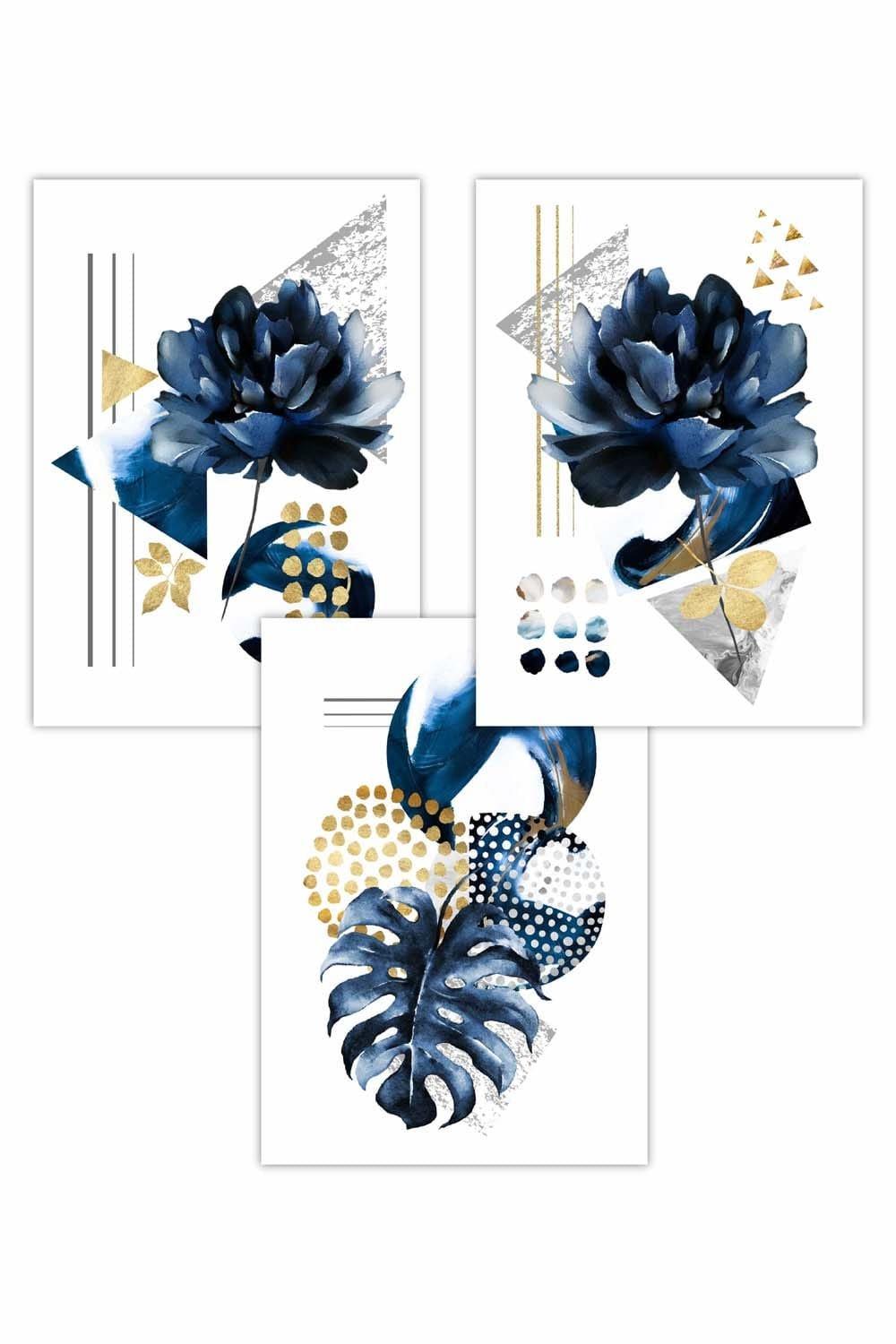 Set of 3 Abstract Blue and Gold Botanical Art Posters