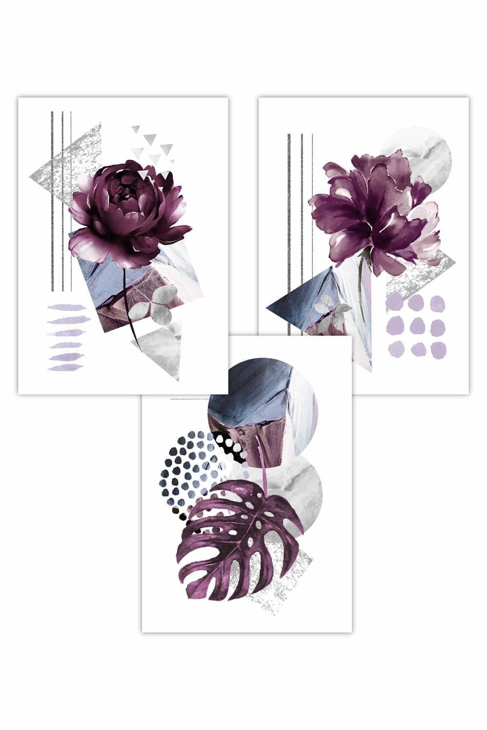 Set of 3 Abstract Purple and Silver Botanical Art Posters