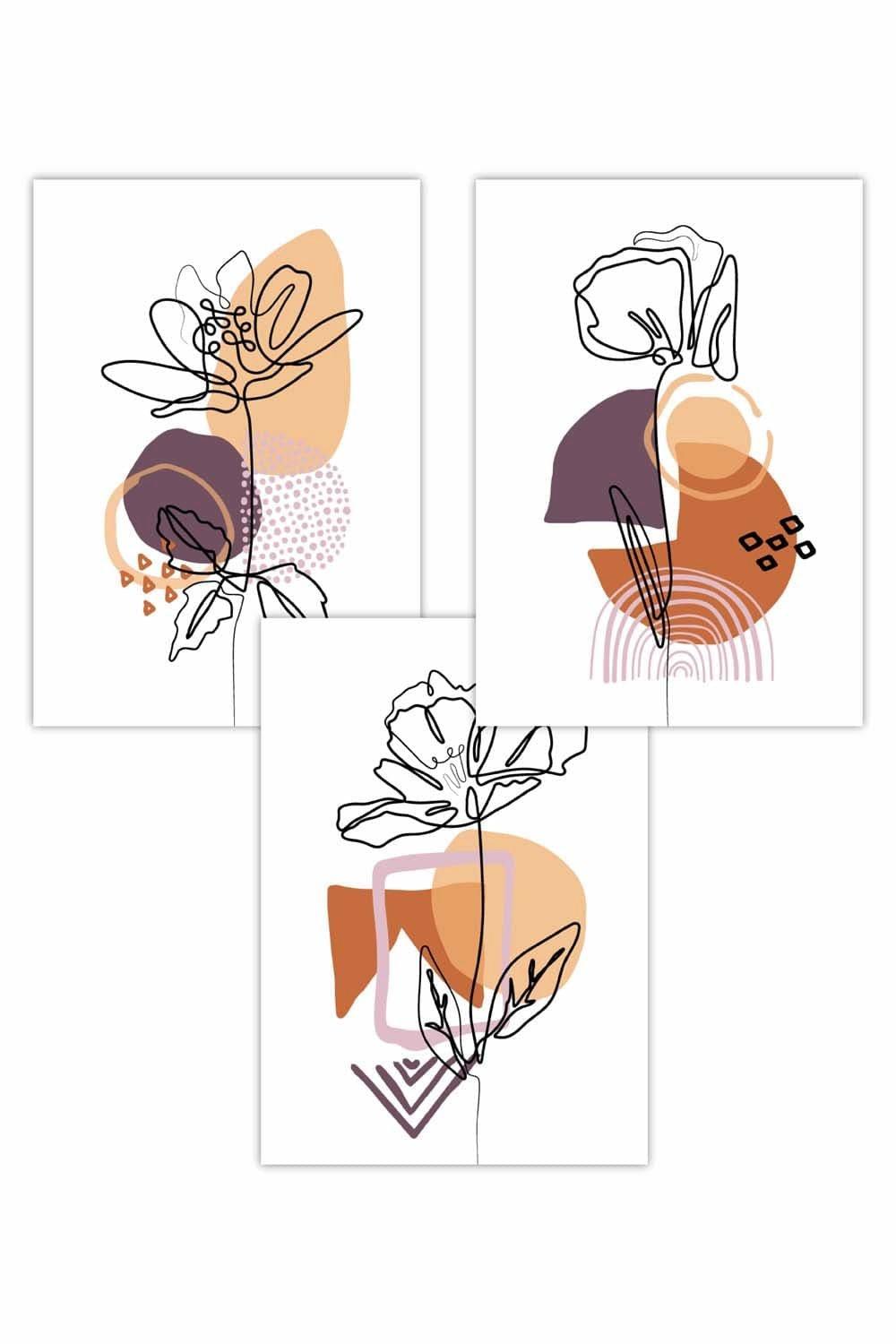 Set of 3 Line Art Flowers on Purple Orange Boho Shapes Art Posters