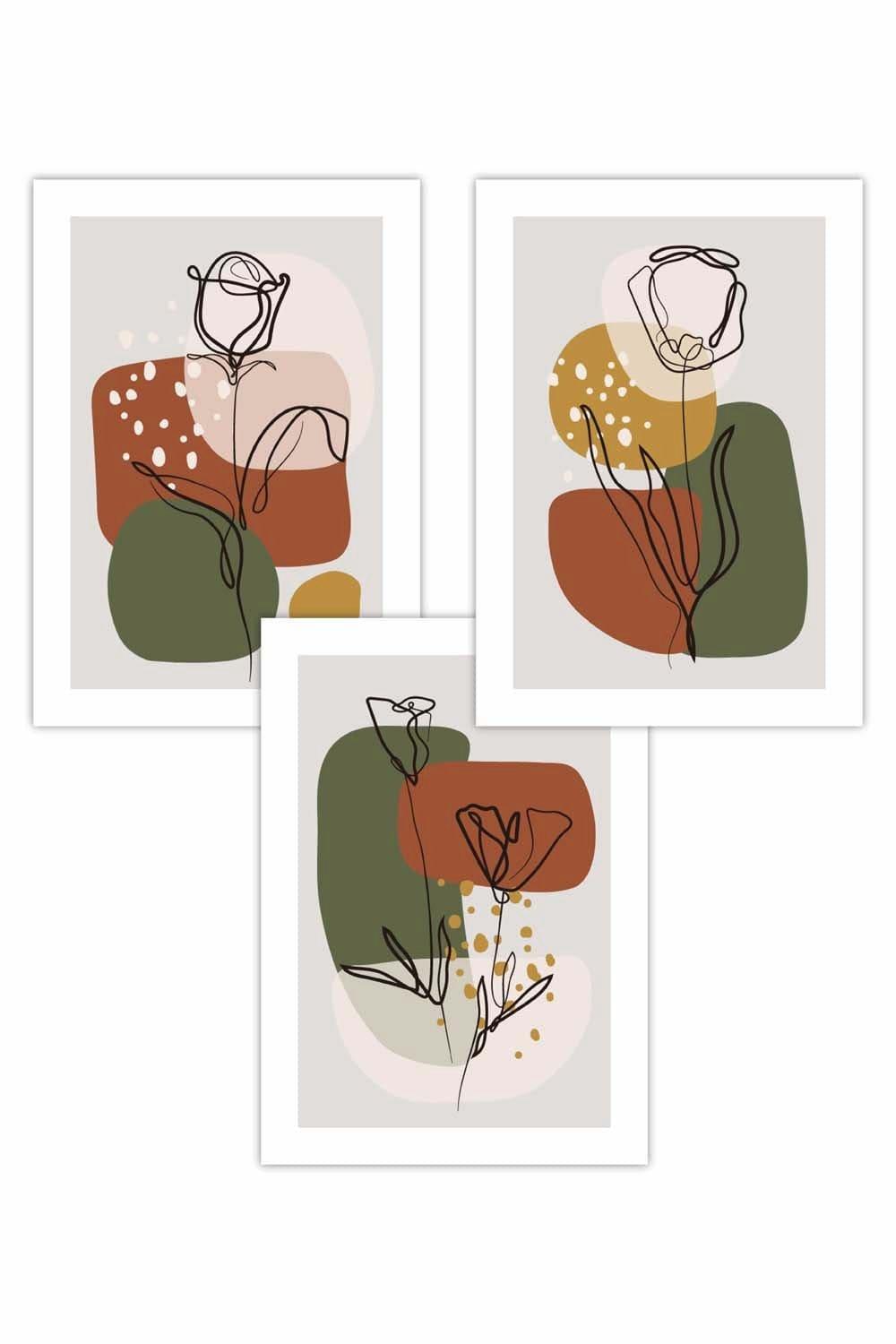 Set of 3 Line Art Autumn Flowers on Green Yellow Boho Shapes Art Posters