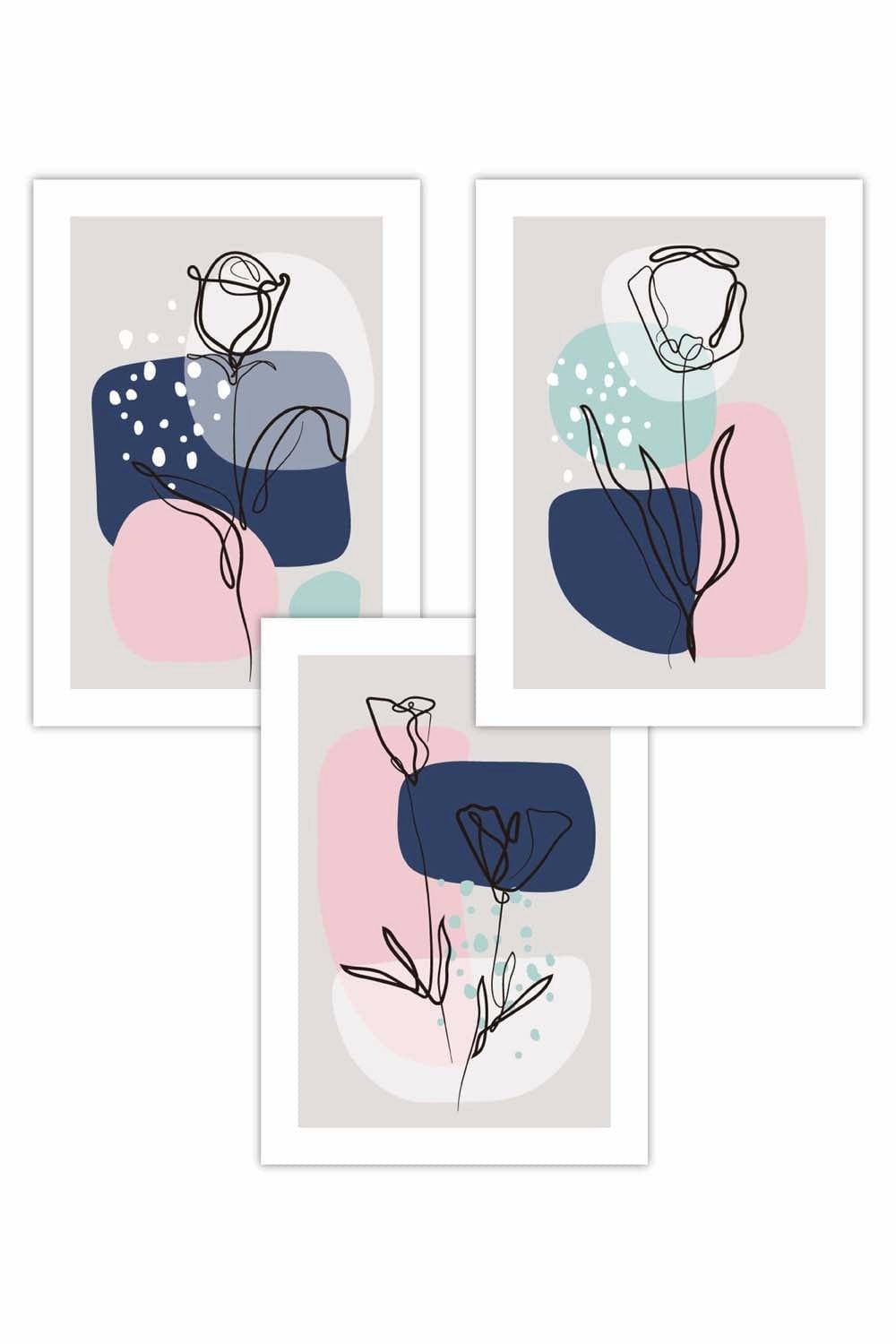 Set of 3 Line Art Spring Flowers on Navy Pink Boho Shapes Art Posters