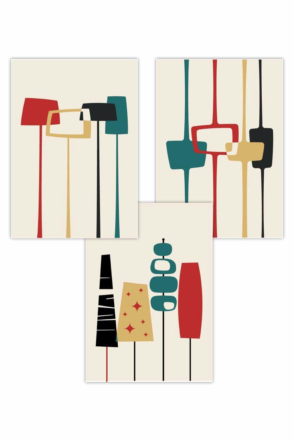 Set of 3 Mid Century Modern in Teal Red Yellow Art Posters