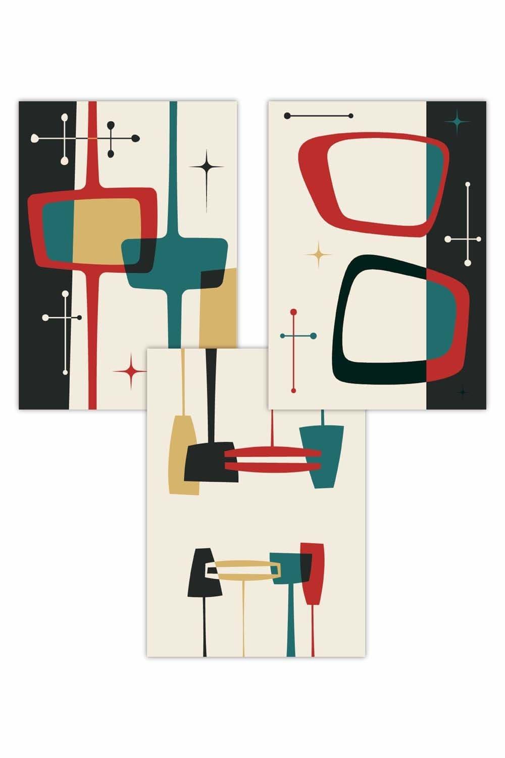 Set of 3 Mid Century Modern in Black Teal Red Yellow Art Posters