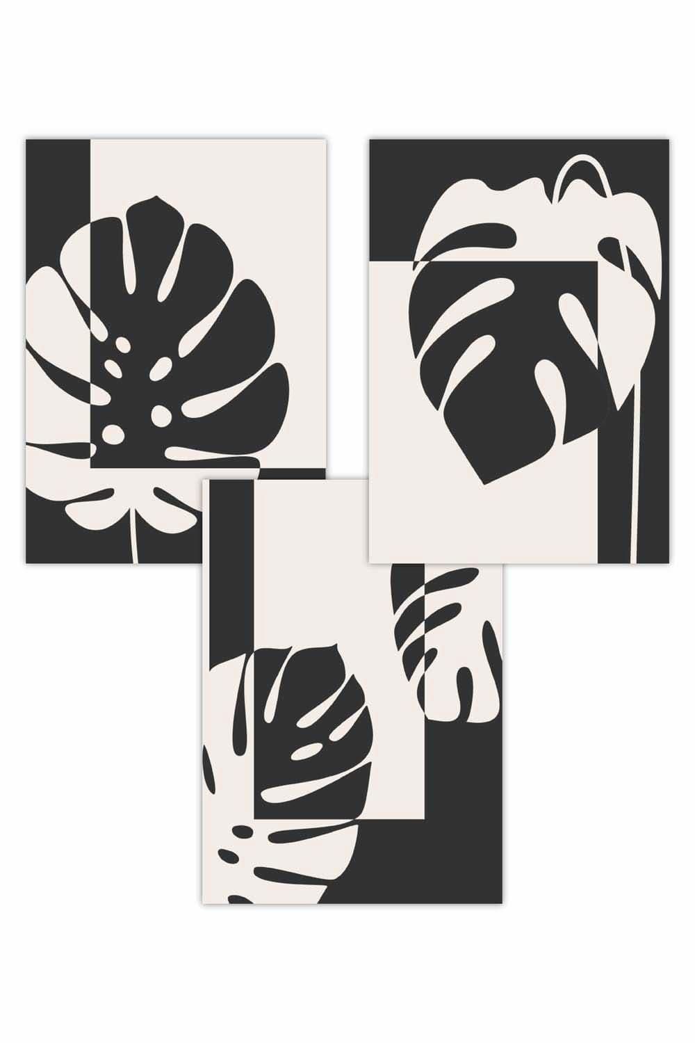 Set of 3 Mid Century Monstera in Black and Ivory Art Posters