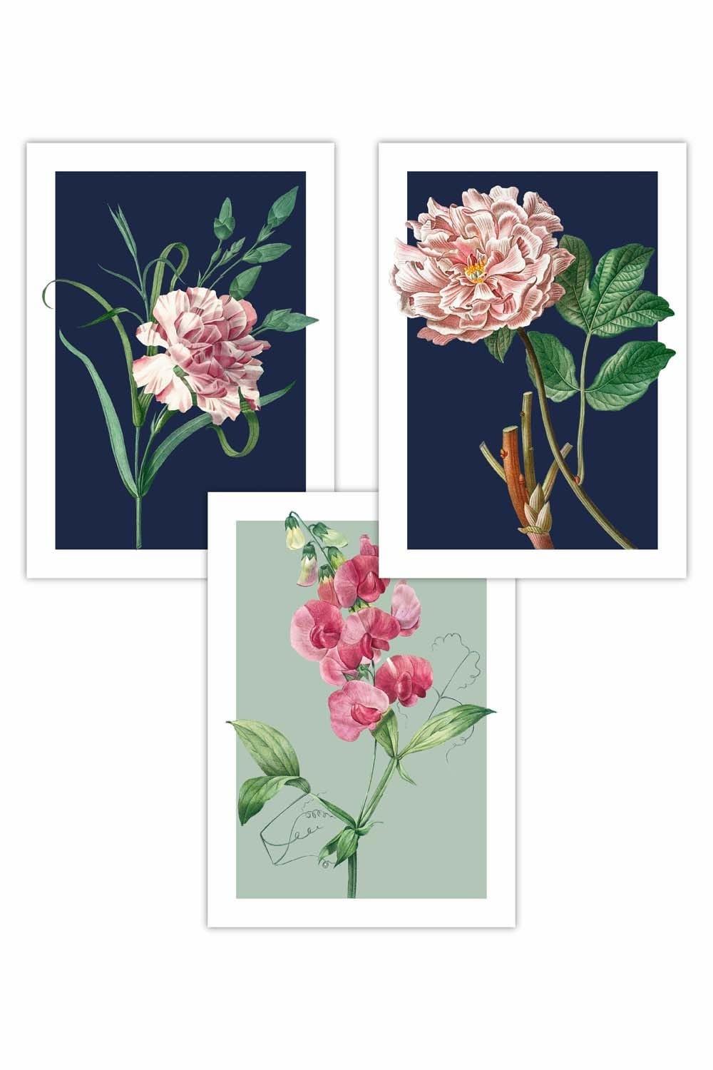 Set of 3 Vintage Flowers Navy Blue and Sage Green Art Posters