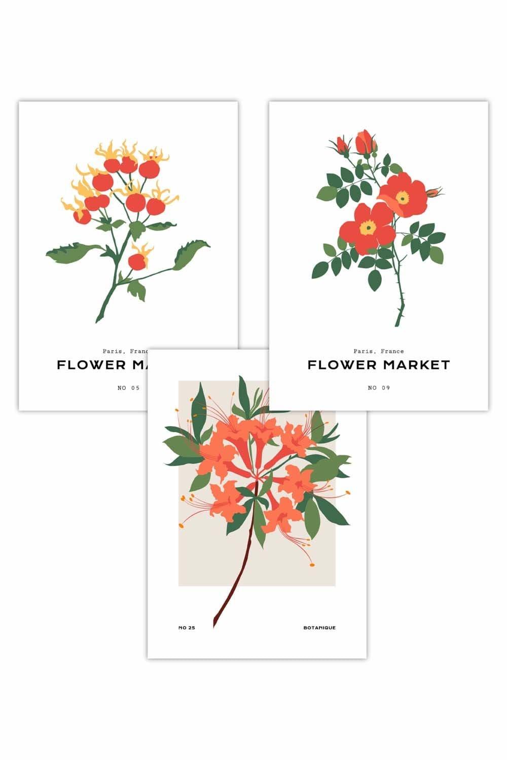 Set of 3 Vintage Graphical Orange Flower Market Art Posters