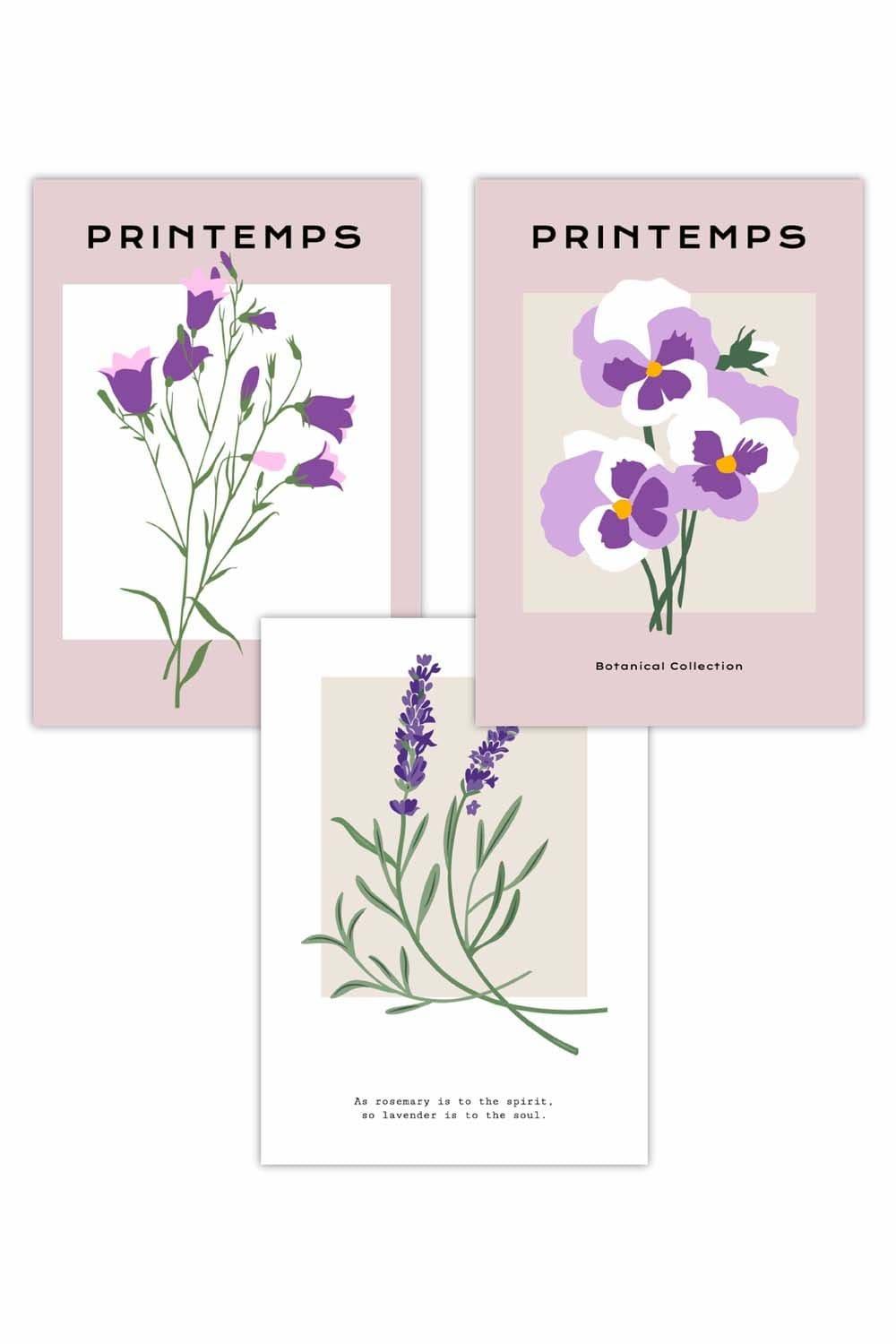 Set of 3 Vintage Graphical Lilac Purple Spring Flower Market Art Posters
