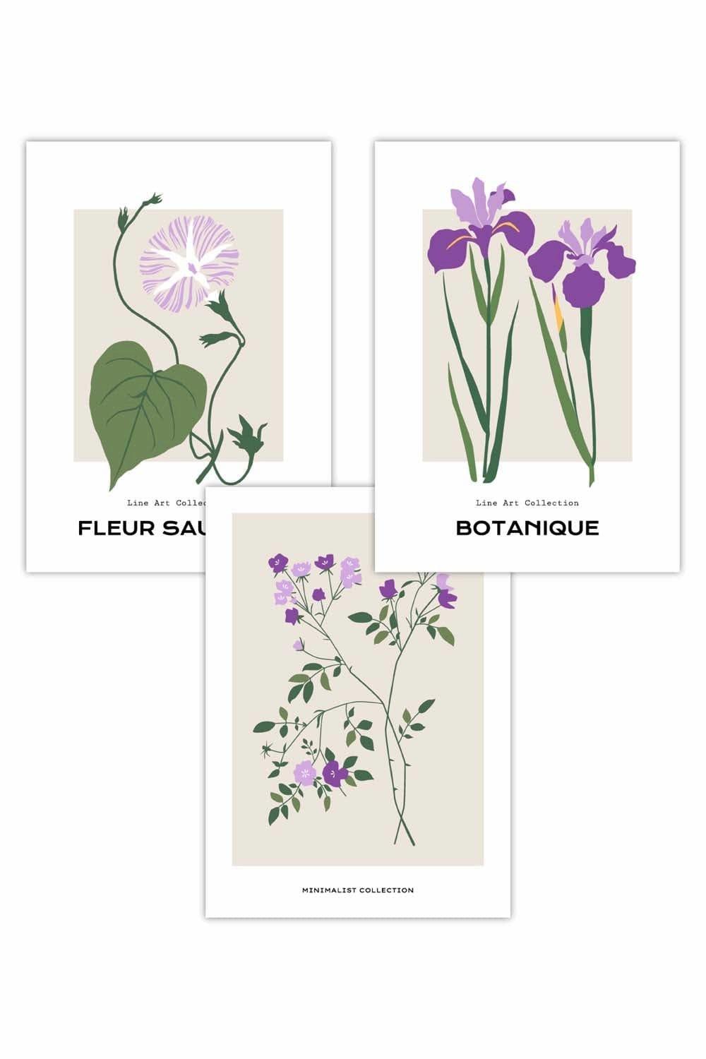 Set of 3 Vintage Graphical Flower Market Purple Lilac Art Posters