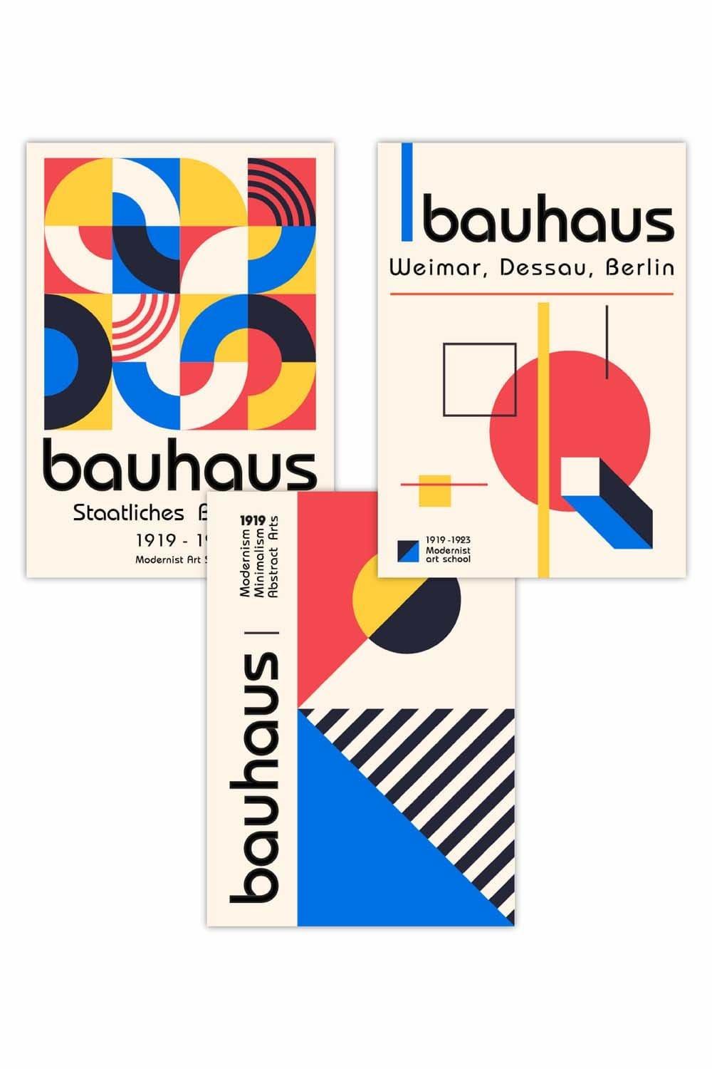 Set of 3 Mid Century Bauhaus Exhibition Red Blue Yellow Art Posters