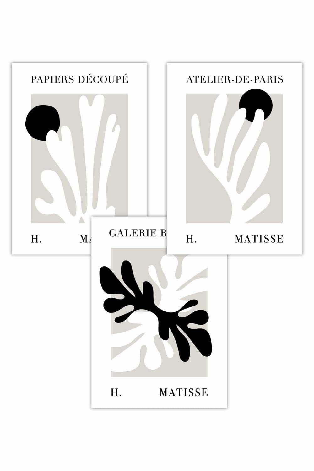 Set of 3 Matisse Floral Cut Out Style in Black & Beige Art Posters