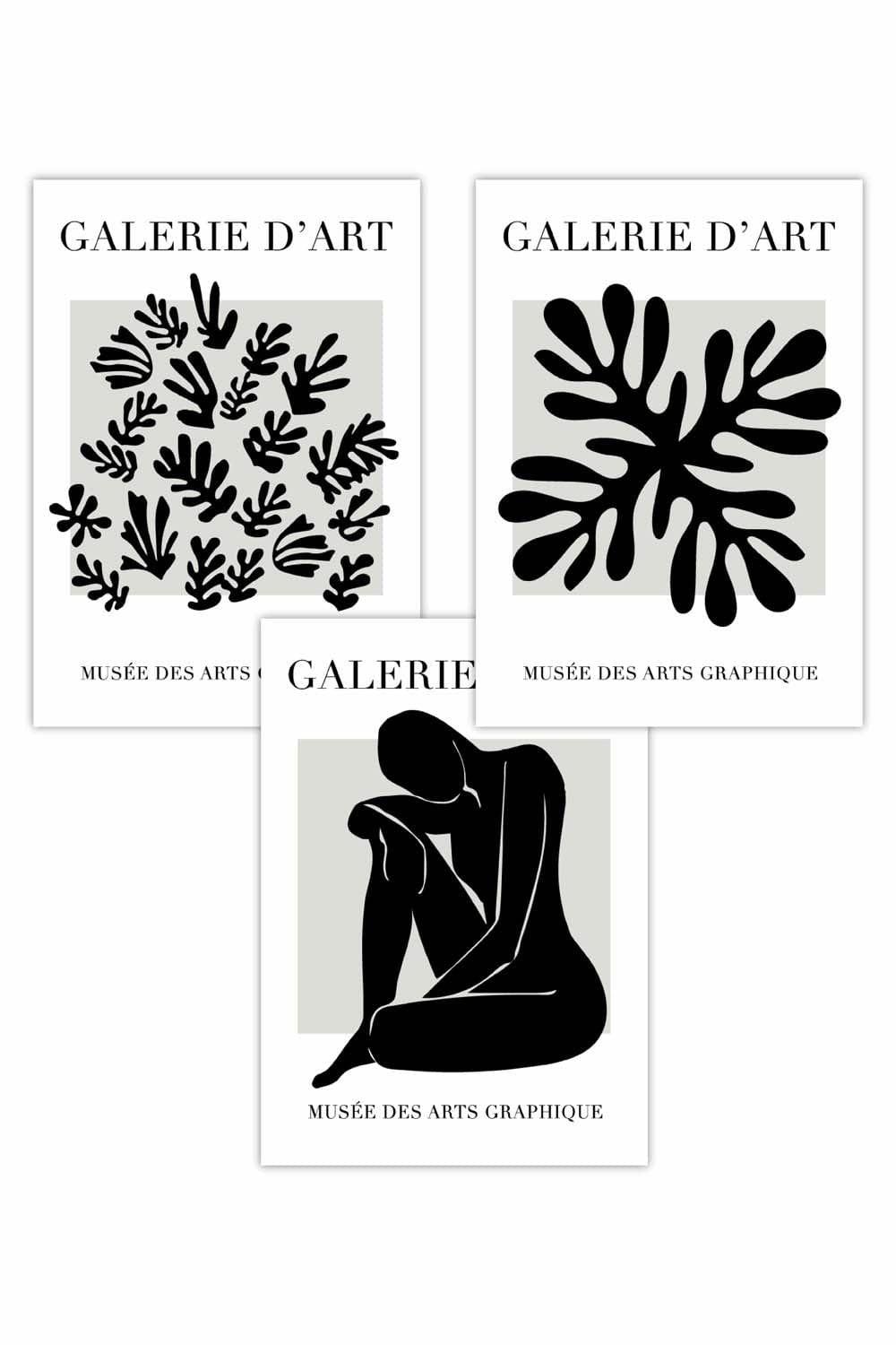 Set of 3 Matisse Floral and Nude in Black and Beige Art Posters