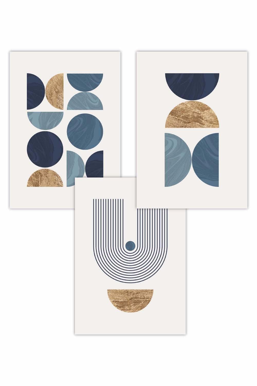Set of 3 Mid Century Geometric in Blue and Gold Art Posters