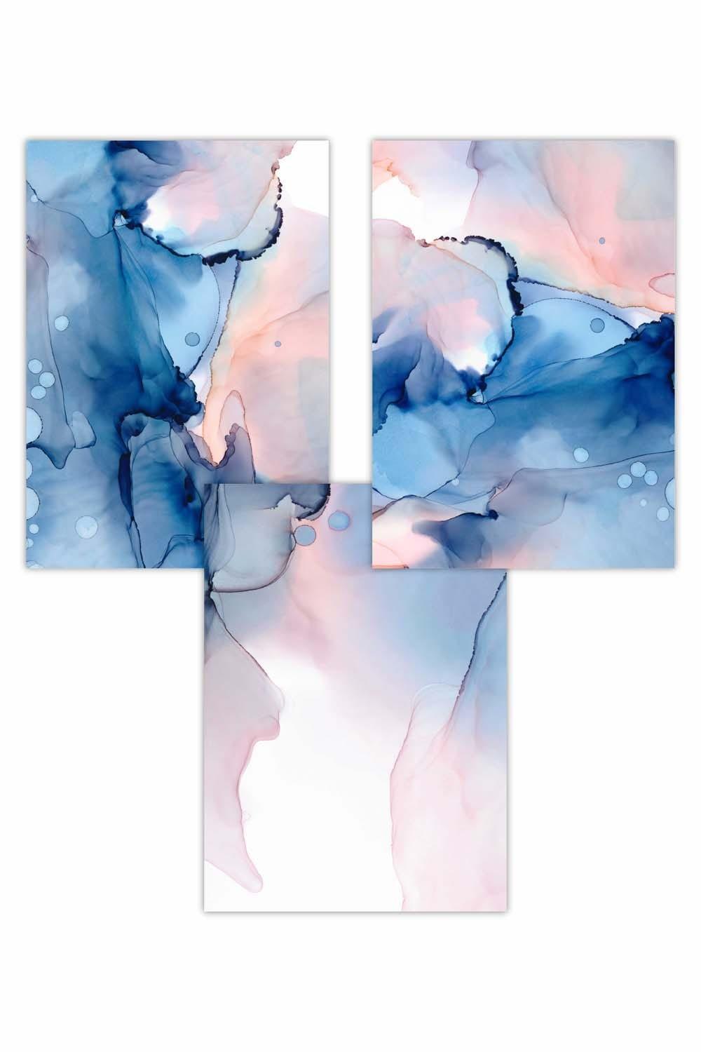 Set of 3 Blush Pink and Navy Blue Abstract Ink Art Posters