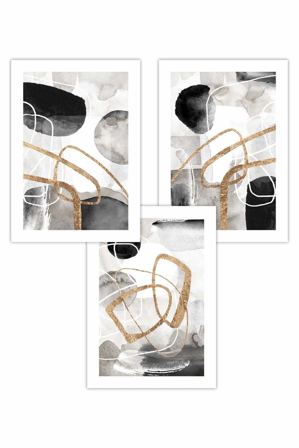 Set of 3 Abstract Black Grey & Gold Watercolour Shapes Art Posters
