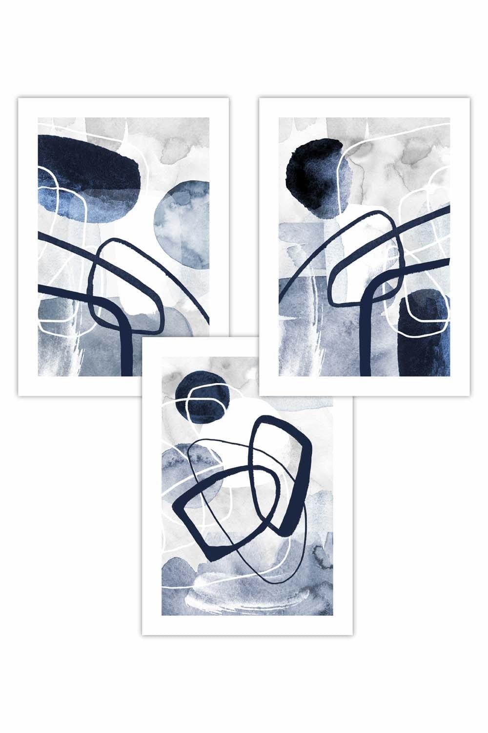 Set of 3 Abstract Navy Blue Watercolour Shapes Art Posters