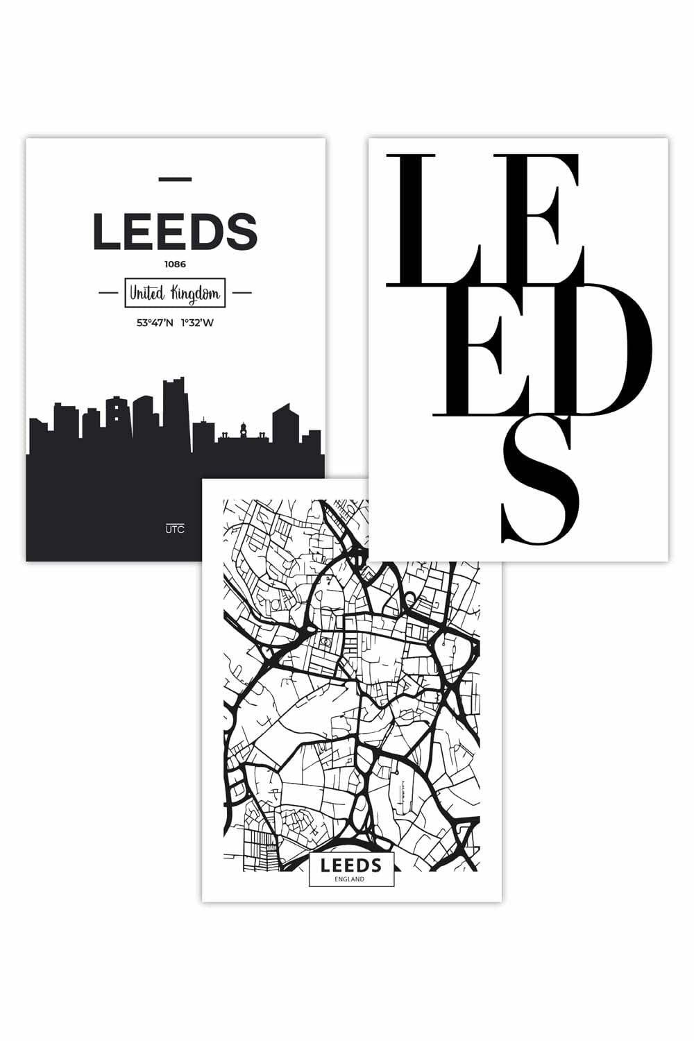 Set of 3 LEEDS Skyline Street Map City Prints Art Posters