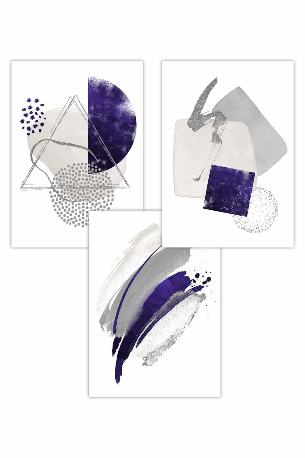 Set of 3 Abstract Purple Silver Watercolour Shapes Art Posters