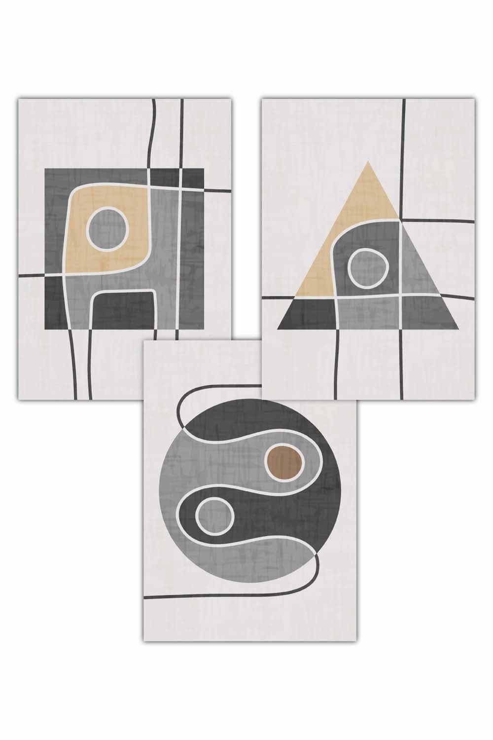 Set of 3 Mid Century Graphical Shapes in Grey and Yellow Art Posters