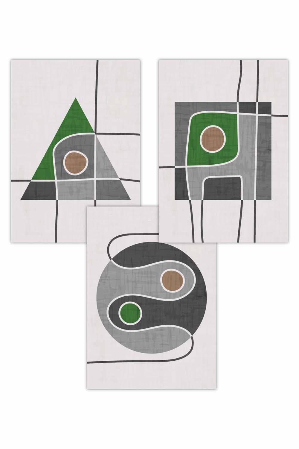Set of 3 Mid Century Graphical Shapes in Grey and Green Art Posters
