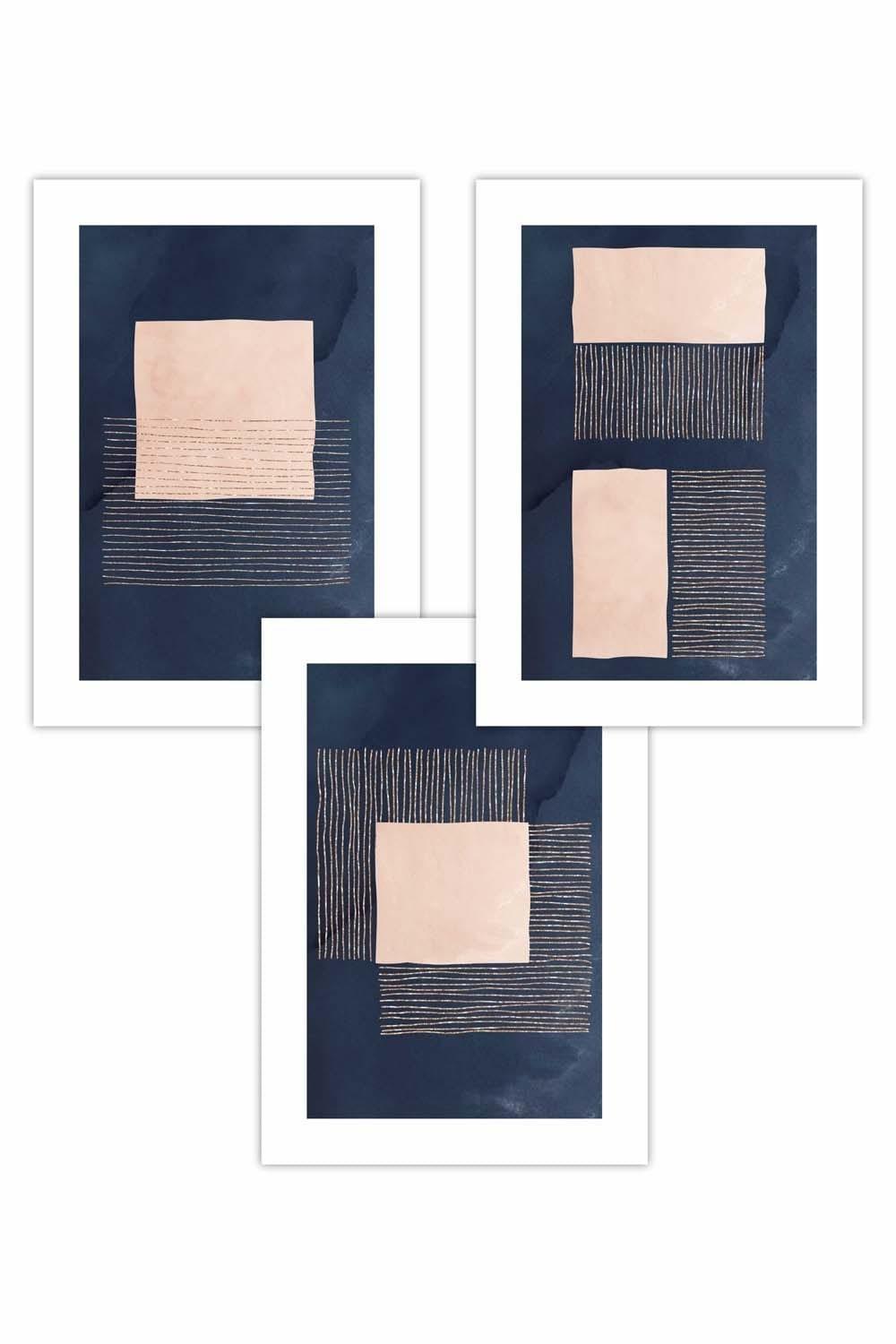 Set of 3 Navy Blue and Blush Pink Abstract Geometric Art Posters